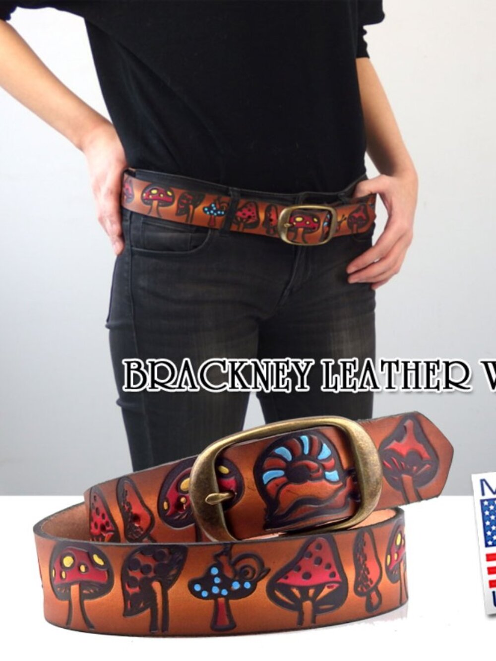 Mushroom Nature Emboss Genuine Cowhide Leather Belt Cottagecore 36 USA Snail - Picture 5 of 10